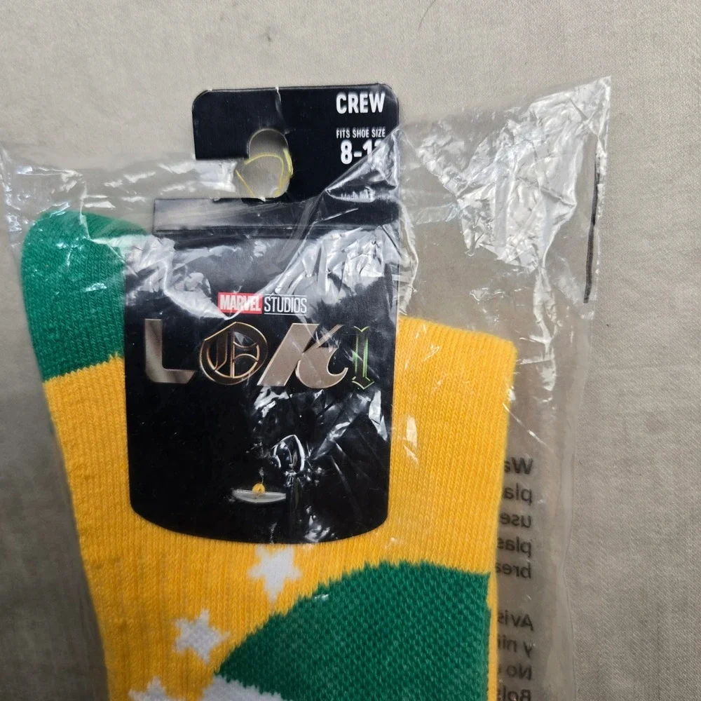 Marvel Studios Loki‎ Crew Socks Green Gold Stars Men Shoe Size 8-12 Bioworld NEW